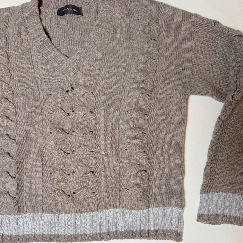 Lorena Antoniazzi | Cable Knit V-Neck Sweater | Taupe | 38 | NWOT - Picture 8 of 12
